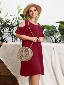 Vestido unicolor de hombros descubiertos - Burdeos - Ver 5