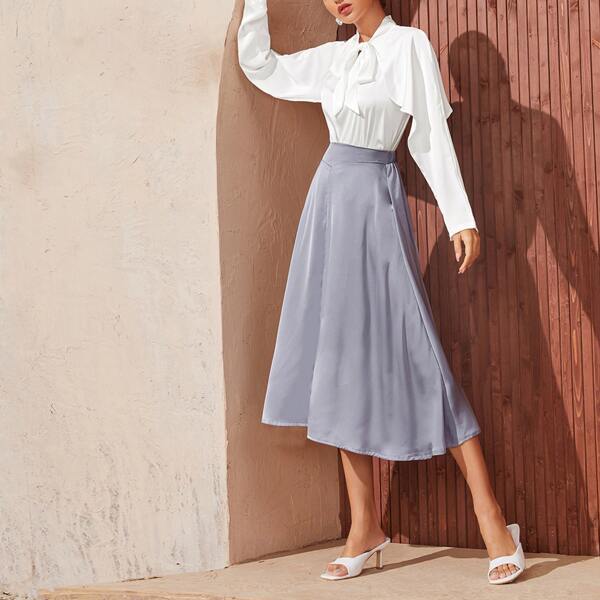 

Tie Neck Solid Blouse & Skirt, Blue and white