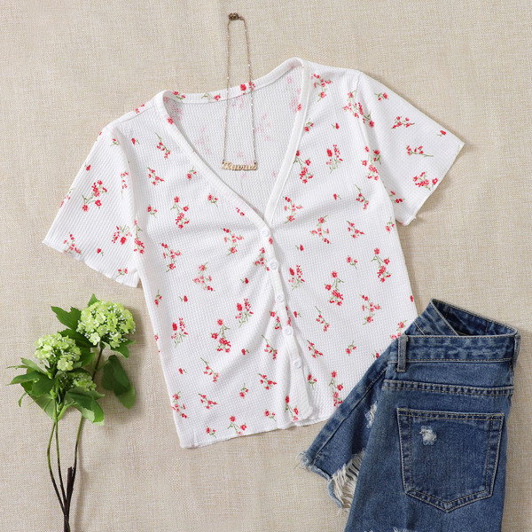 

Ditsy Floral Button Up Top, White