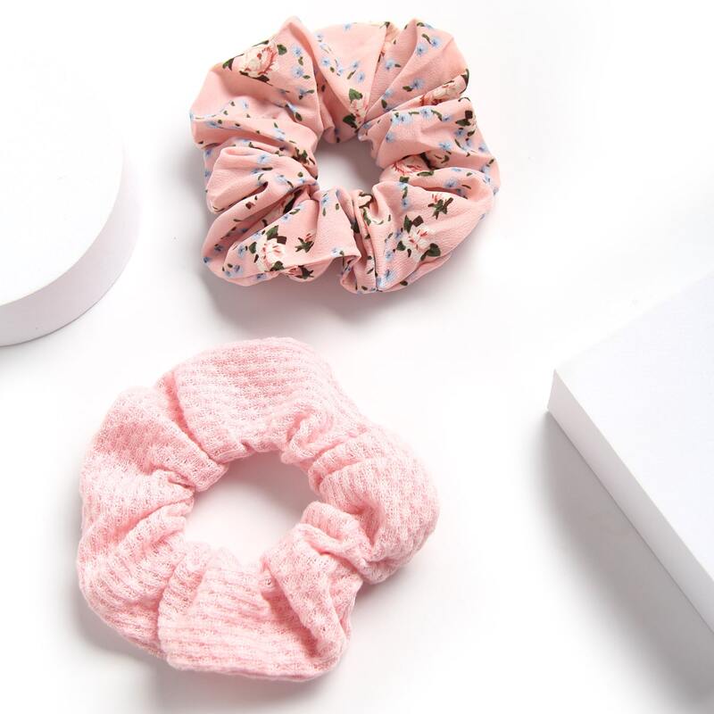 

2pcs Flower Print Scrunchie, Baby pink