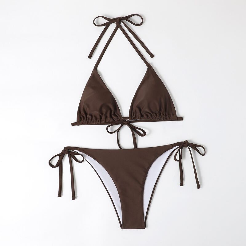 

Halter Triangle Tie Side Bikini Swimsuit, Coffee brown