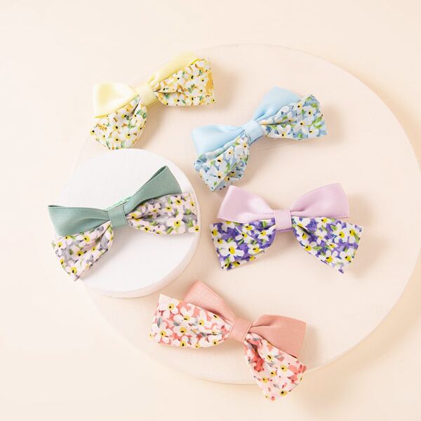 

5pcs Toddler Girls Flower Print Bow Decor Hair Clip, Multicolor