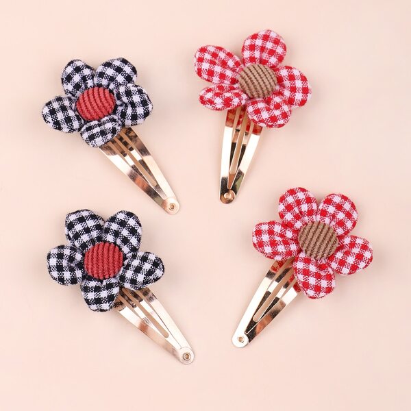 

4pcs Toddler Girls Plaid Flower Decor Hair Clip, Multicolor