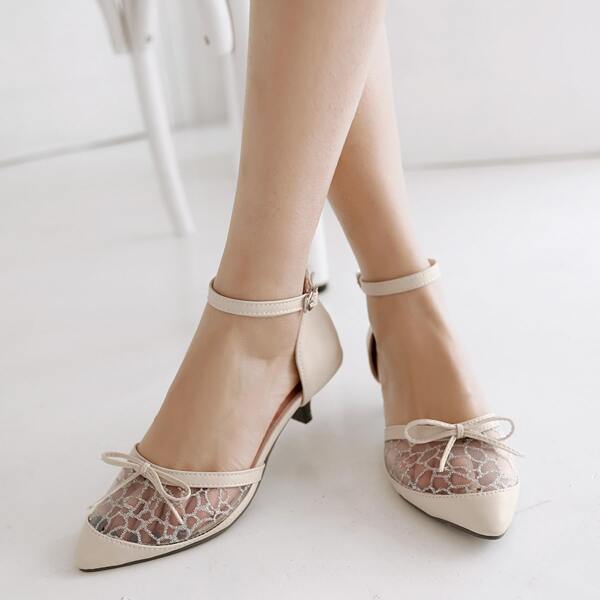 

Bow Decor Ankle Strap Pumps, Beige
