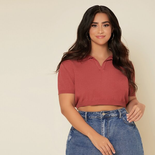 

Plus Ribbed Knit Crop Top, Rust brown