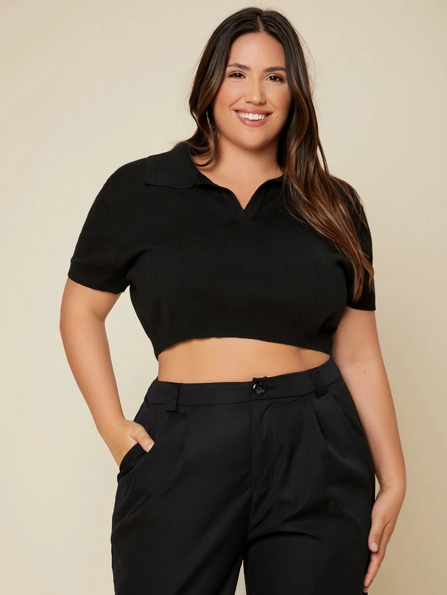 SHEIN Essnce 大碼條紋針織短款上衣 - 黑色 - 查看 1