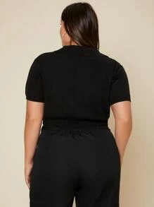 SHEIN Essnce 大碼條紋針織短款上衣 - 黑色 - 查看 2