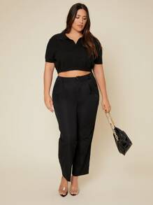 SHEIN Essnce 大碼條紋針織短款上衣 - 黑色 - 查看 4