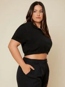 SHEIN Essnce 大碼條紋針織短款上衣 - 黑色 - 查看 5