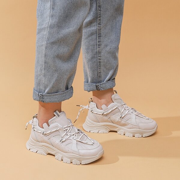 

Lace-up Front Mesh Panel Chunky Sneakers, Beige