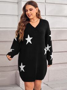 Calvaya Plus Star Pattern V Neck Jumper Dress - Black - View 1