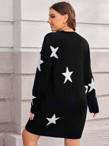 Calvaya Plus Star Pattern V Neck Jumper Dress - Black - View 2