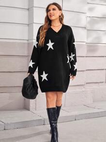 Calvaya Plus Star Pattern V Neck Jumper Dress - Black - View 3
