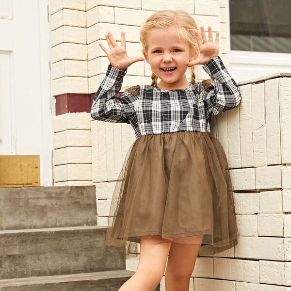 

Toddler Girls Plaid Keyhole Back Contrast Mesh Dress, Multicolor