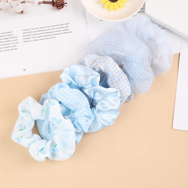 

6pcs Toddler Girls Plaid Print Scrunchie, Blue