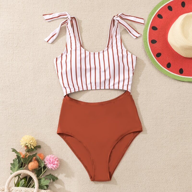 

Striped Tie Shoulder One Piece Swimsuit, Multicolor