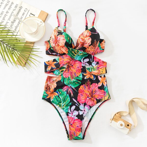 

Floral Print Twist Push Up One Piece Swimsuit, Multicolor