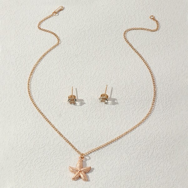 

Starfish Charm Necklace & Rhinestone Decor Stud Earrings, Gold