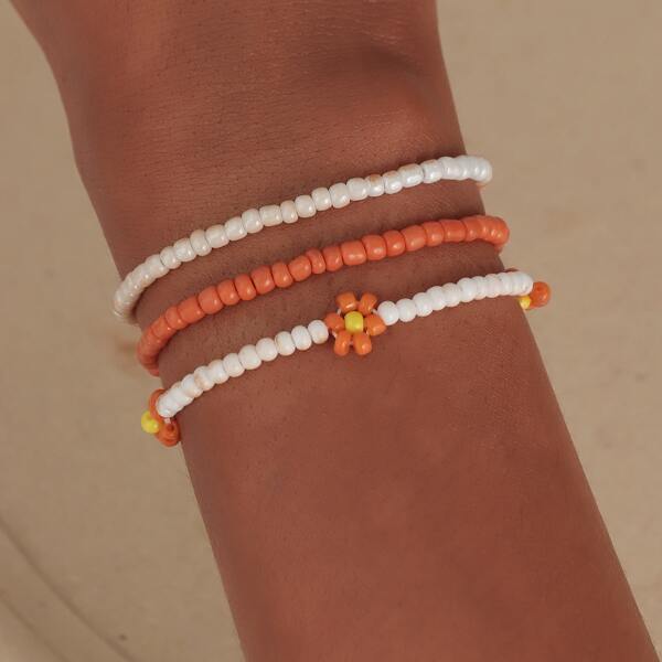 

3pcs Flower Decor Beaded Bracelet, Multicolor