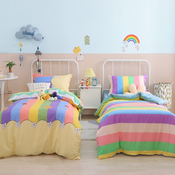 

2sets Kids Rainbow Stripe Pattern Duvet Cover Sets Without Filler, Multicolor