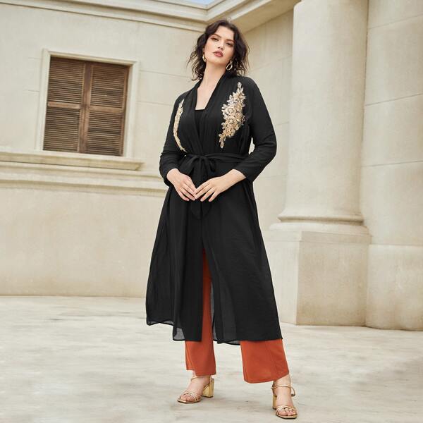 

Plus Appliques Belted Kimono, Black