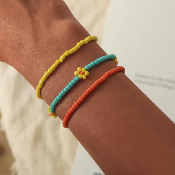 

3pcs Flower Decor Beaded Bracelet, Multicolor