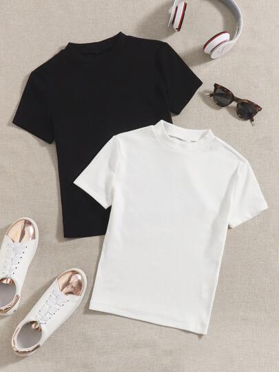 SHEIN EZwear Summer  Outfits 2pcs Mock Neck Tee