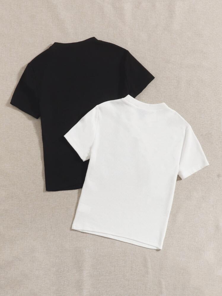 SHEIN EZwear Summer  Outfits 2pcs Mock Neck Tee - Black and White - View 2
