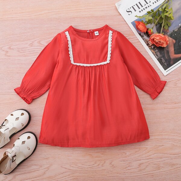 

Baby Girl Lace Insert Flounce Sleeve Tunic Dress, Red