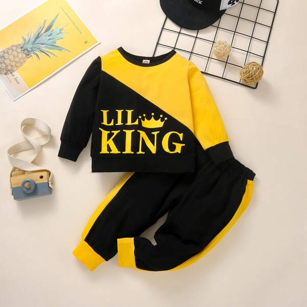 

Baby Boy Letter Graphic Colorblock Sweatshirt With Sweatpants, Black