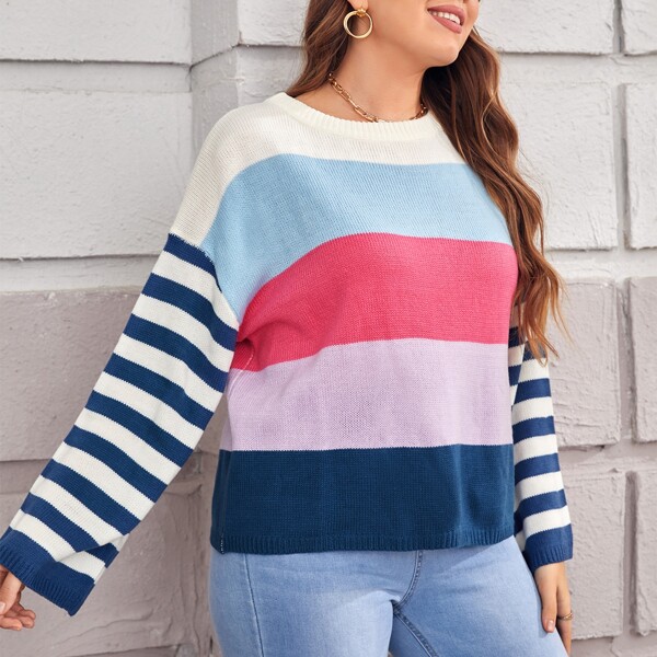 

Plus Striped Drop Shoulder Sweater, Multicolor