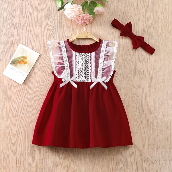 

Baby Contrast Mesh Bow Front 1 Smock Dress With 1 Headband, Burgundy