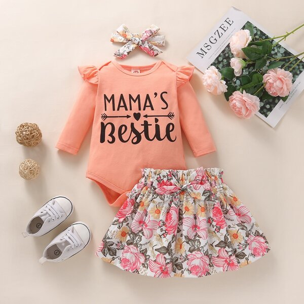 

Baby Girl Letter Graphic Bodysuit & Bow Front Floral Skirt, Multicolor