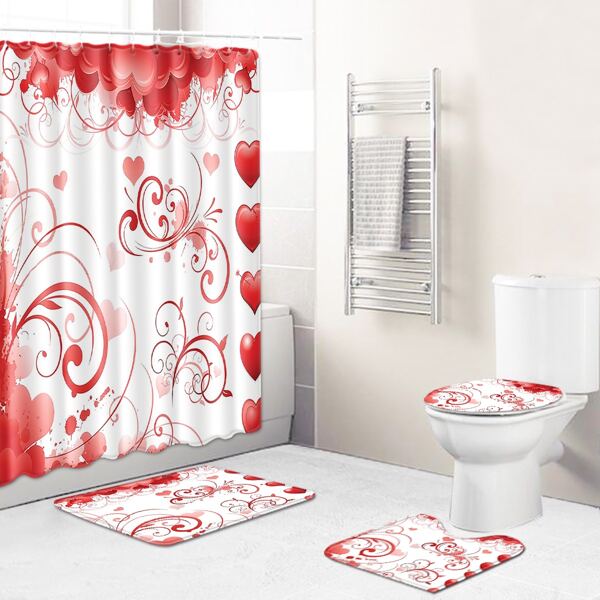

1pc Heart Print Bath Mat Or Shower Curtain, Red and white