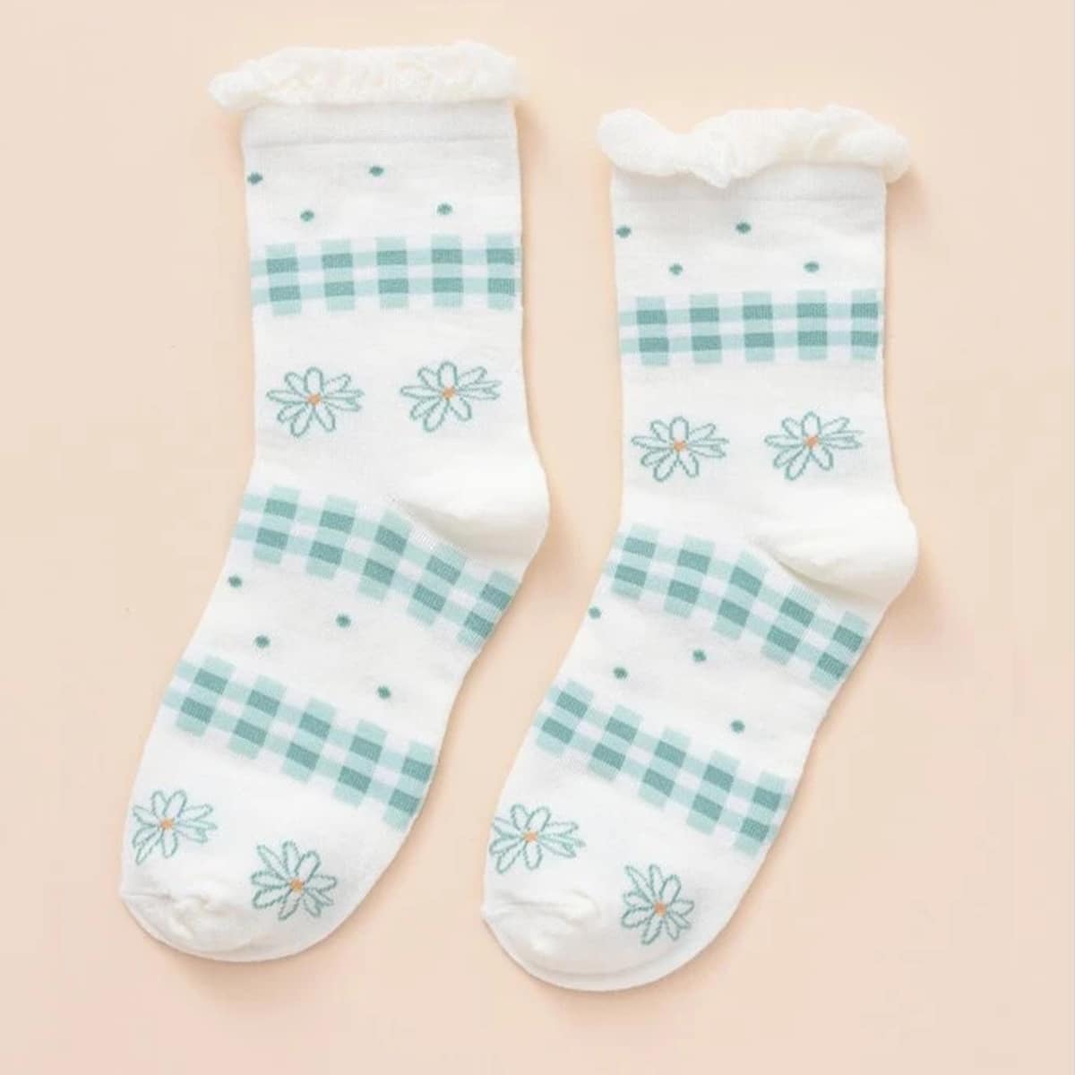 

Floral Pattern Crew Socks, White