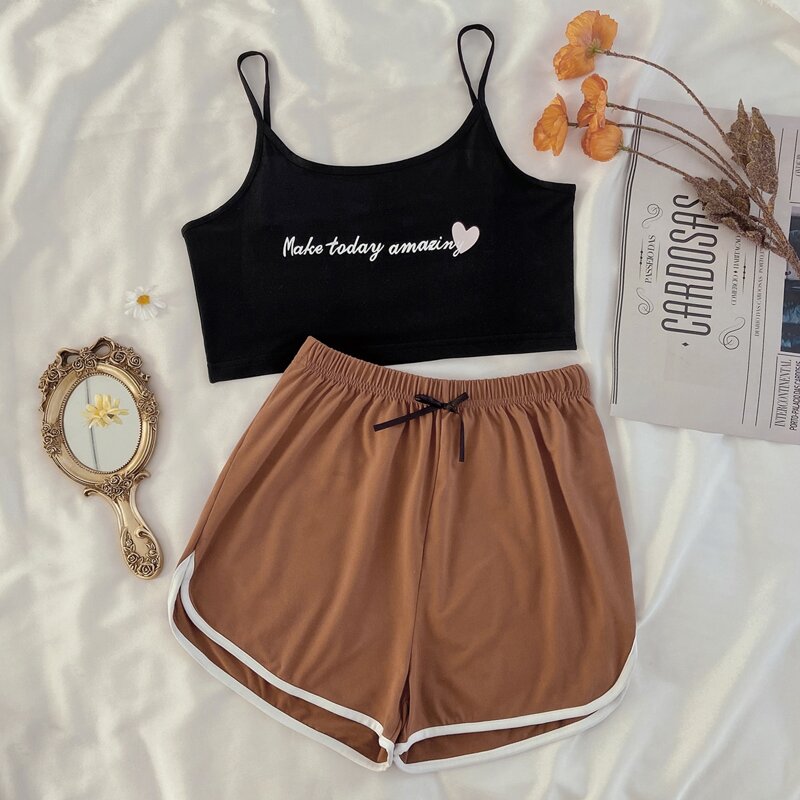 

Slogan Graphic Cami Top & Bow Detail Shorts PJ Set, Multicolor