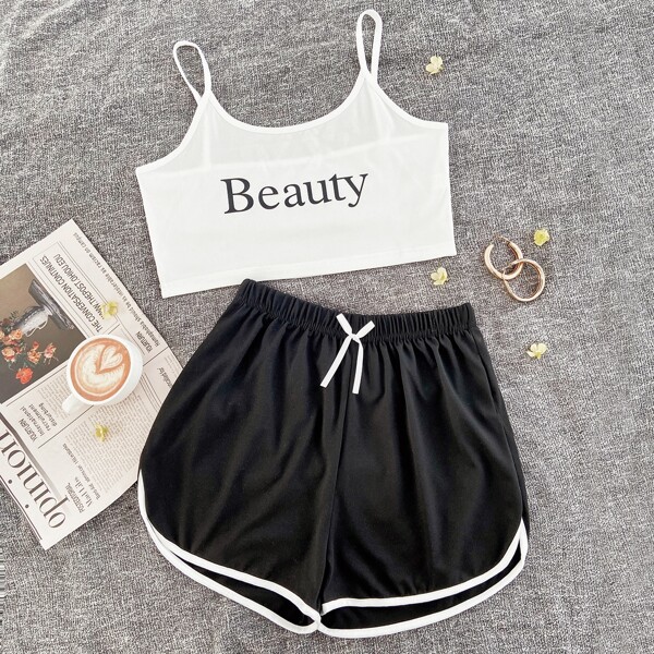 

Letter Graphic Cami Top & Bow Detail Shorts PJ Set, Black and white