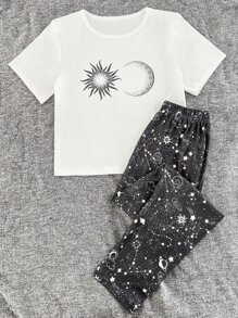 Sun And Moon Print Tee & Pants PJ Set / Pajama Set