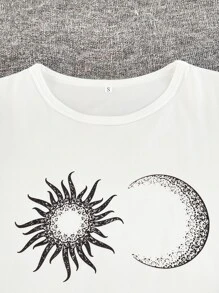 Sun And Moon Print Tee & Pants PJ Set / Pajama Set