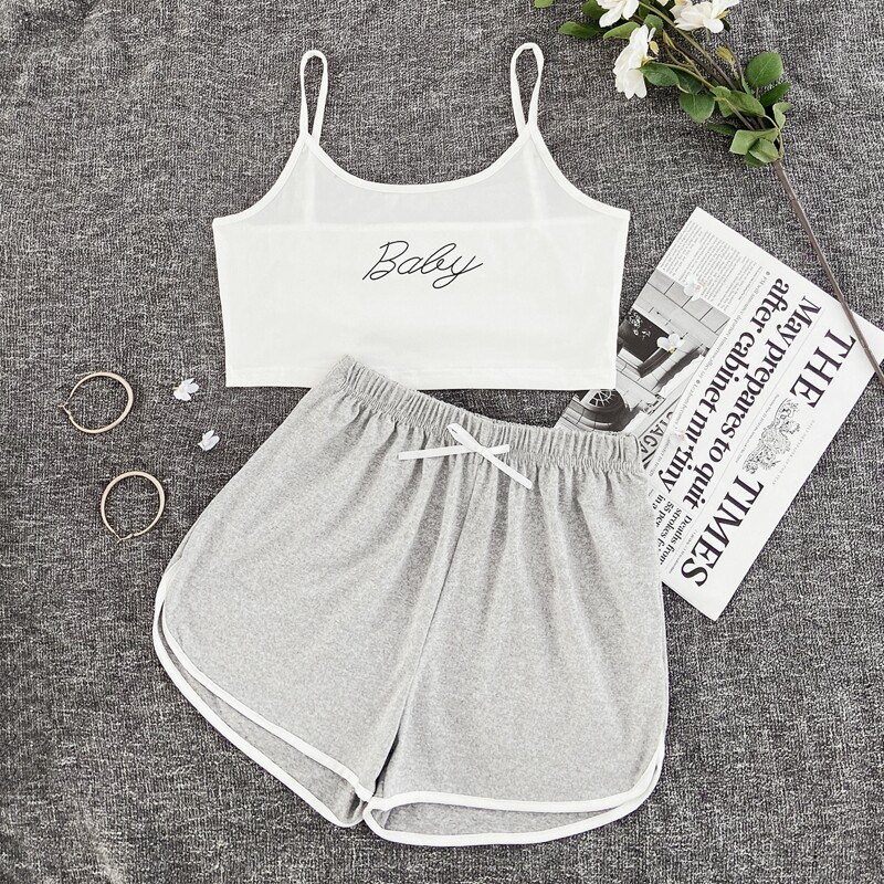 

Letter Graphic Cami Top & Bow Detail Shorts PJ Set, Multicolor