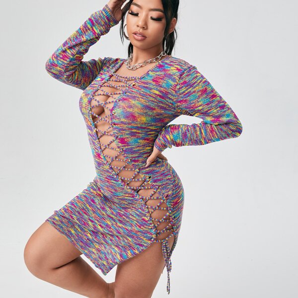

Plus Space Dye Lace Up Bodycon Sweater Dress, Multicolor