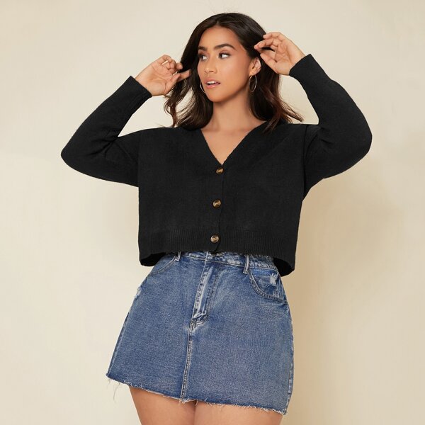 

Plus Ribbed Knit Crop Cardigan, Black