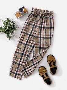 SHEIN 女孩格紋印花腰帶長褲
