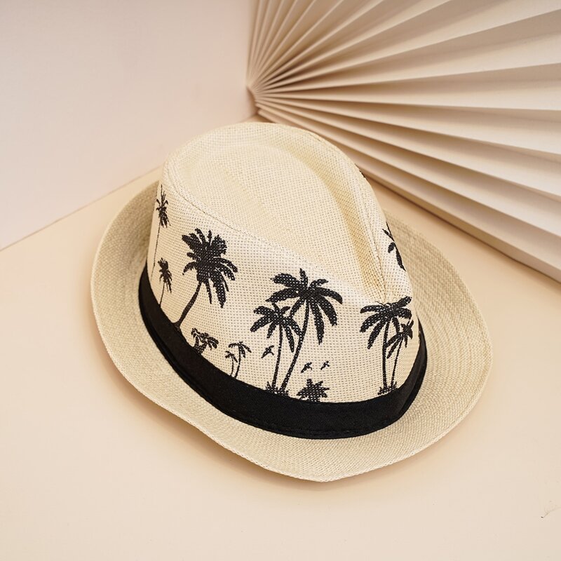 

Guys Coconut Tree Pattern Straw Hat, Beige