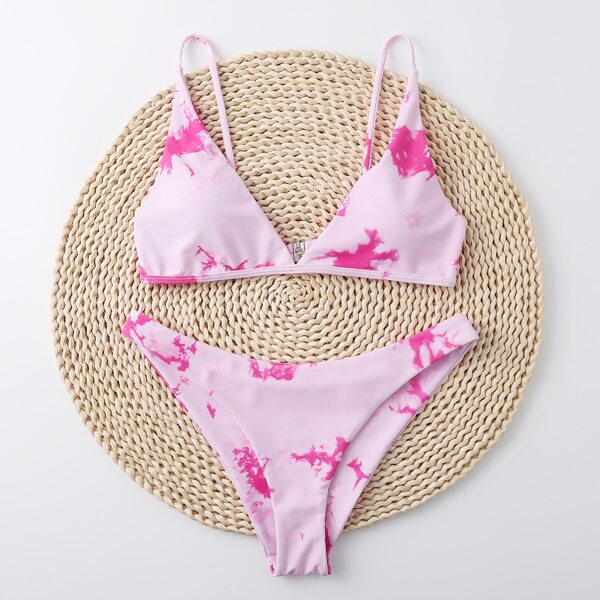 

Tie Dye V Neck Bikini Swimsuit, Pink