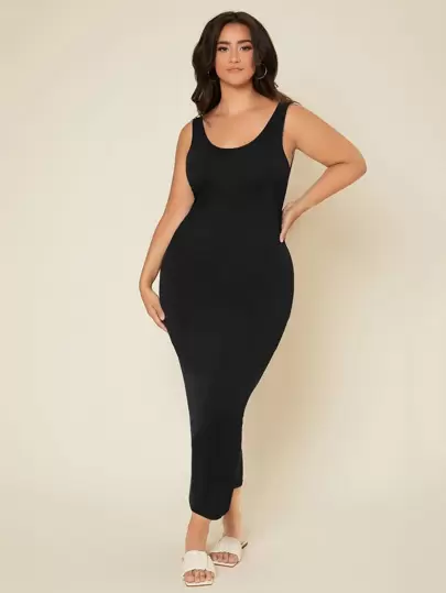 SHEIN BASICS 女士加大碼實色緊身晚會約會休閒連衣裙