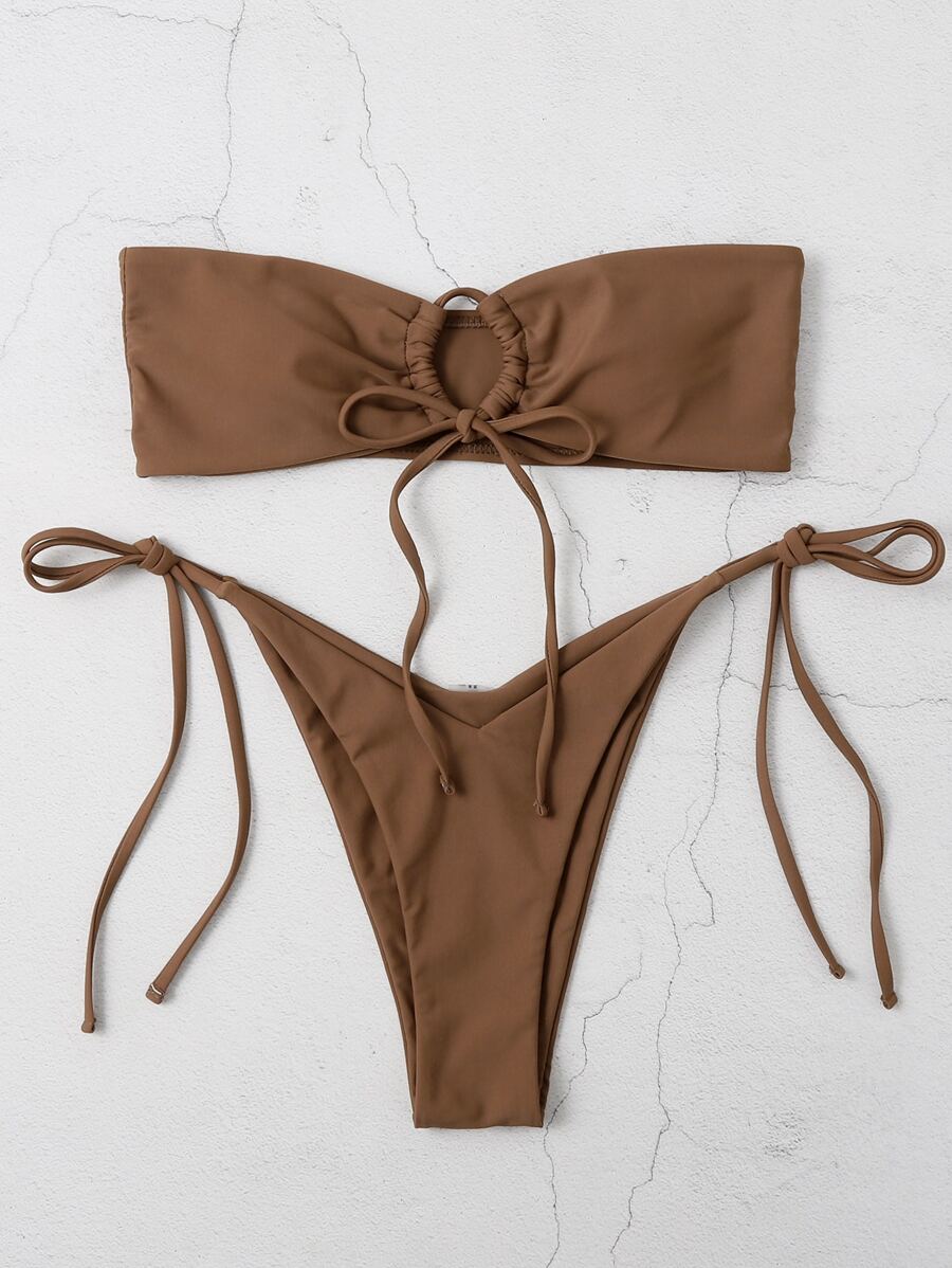 SHEIN Swim 素色比基尼套裝抹胸文胸和側繫帶丁字褲下裝2入組泳衣