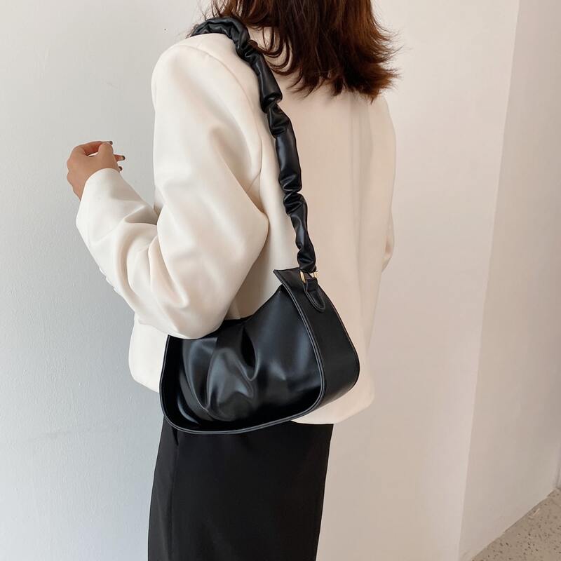 

Chain Strap Ruched Bag, Black