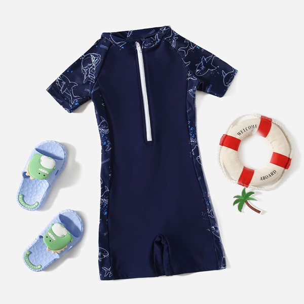 

Toddler Boys Shark Print Zip Front One Piece Swimsuit, Navy blue