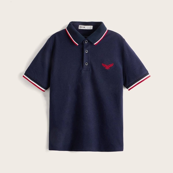

Boys Eagle Embroidery Contrast Tape Polo Shirt, Navy blue